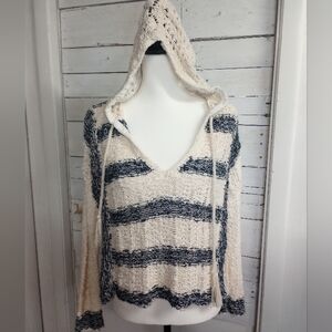 Free People Cali Love Striped Blue Ivory Crochet Hoodie Knit Sweater XS Oversize
